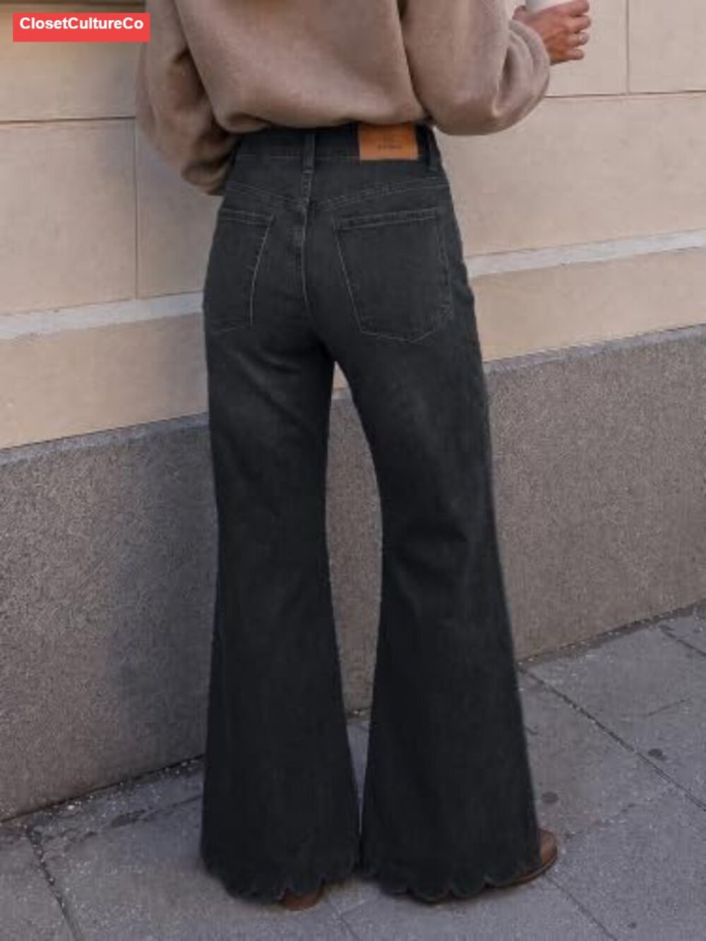 High Waisted Scalloped Wide Leg Flared Denim Jeans Stretch Tummy Control - Picture 3 of 5